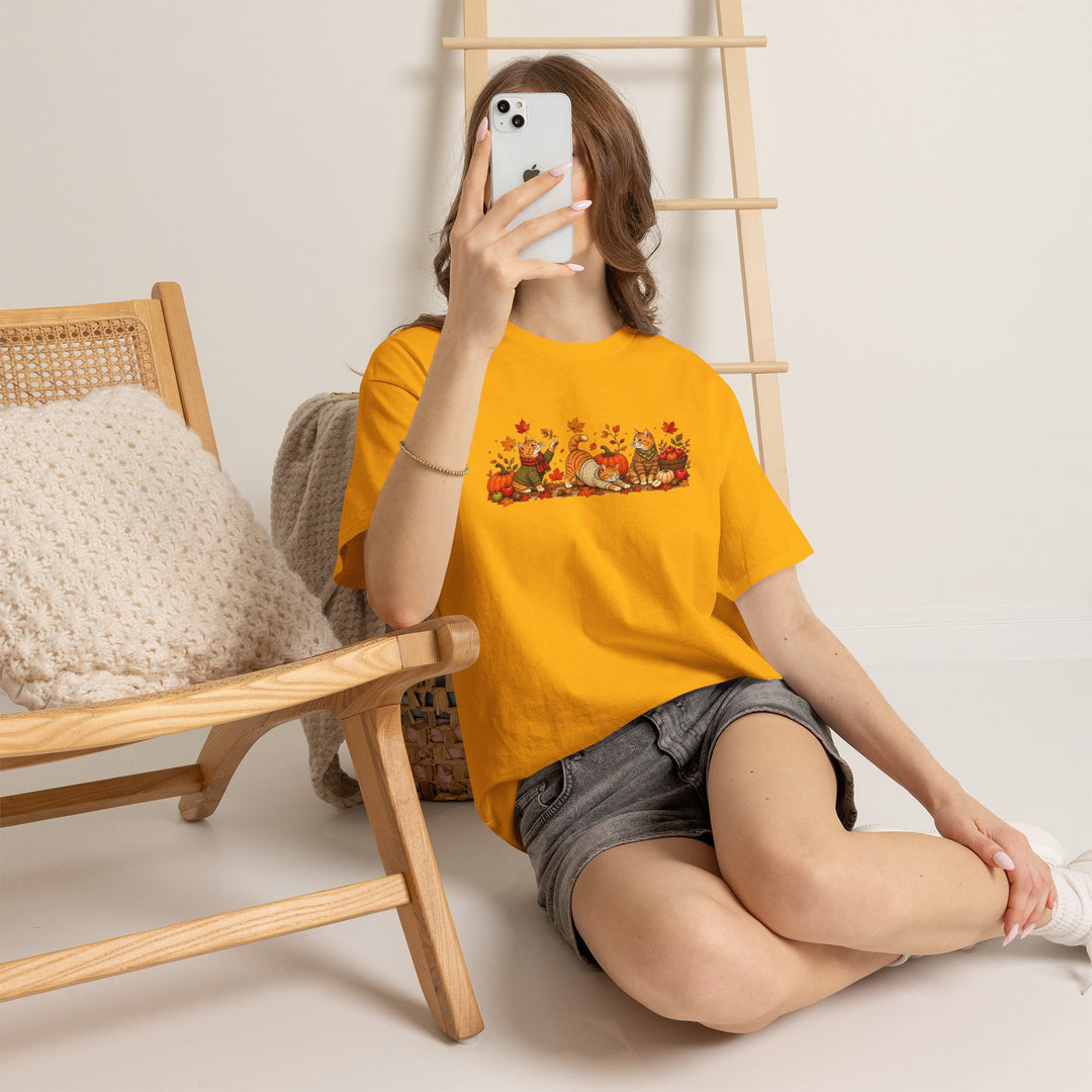 Autumn Cats & Pumpkins T-Shirt — Fall Leaves Thanksgiving Graphic Tee